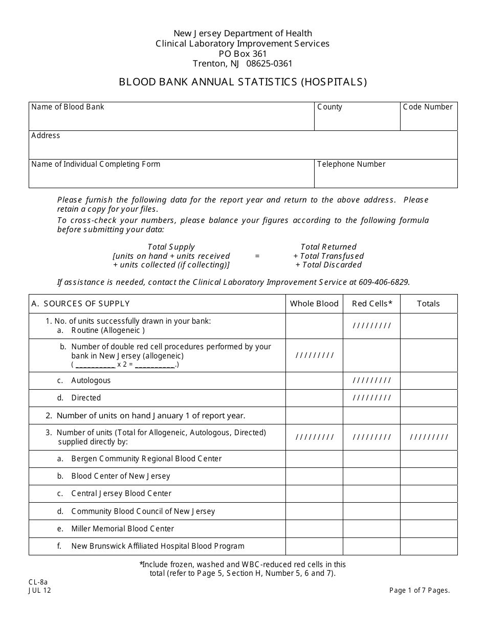 Form CL-8A Blood Bank Annual Statistics (Hospitals) - New Jersey, Page 1