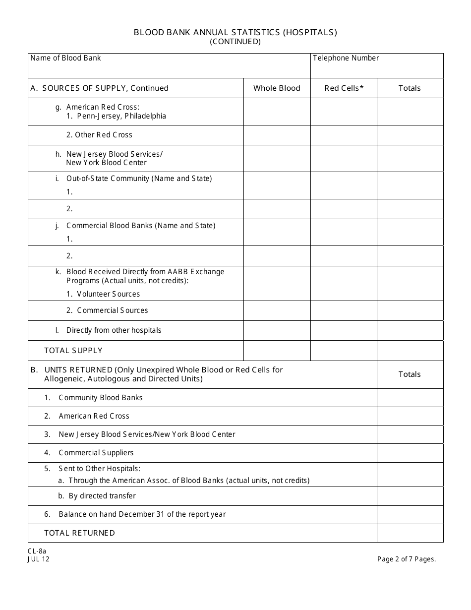 Form CL-8A Blood Bank Annual Statistics (Hospitals) - New Jersey, Page 2