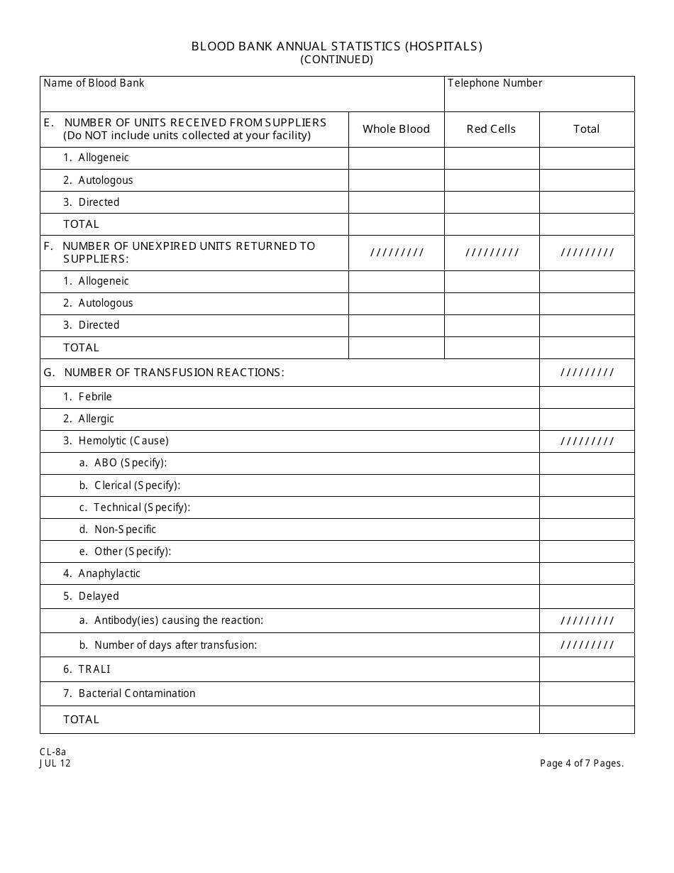 Form CL-8A Blood Bank Annual Statistics (Hospitals) - New Jersey, Page 4