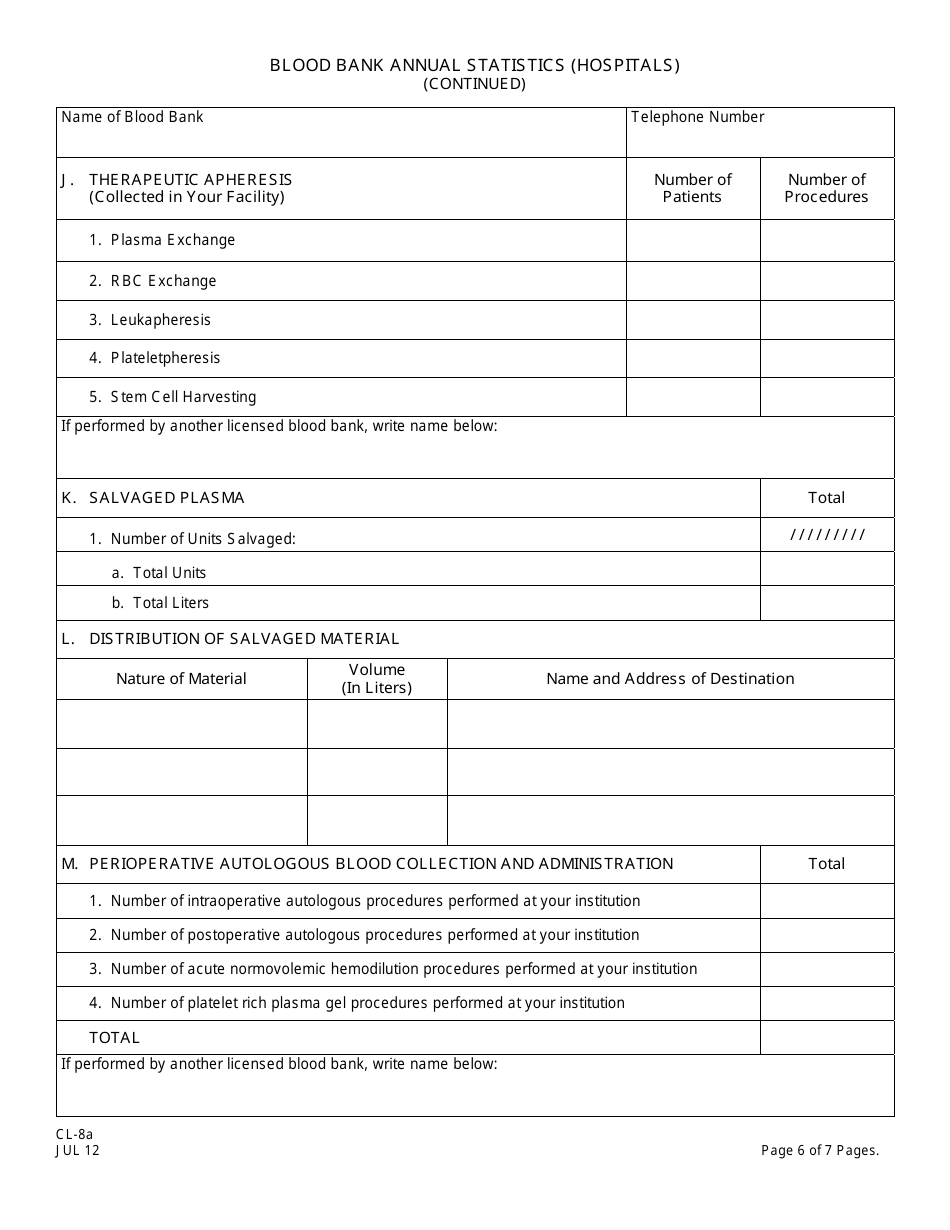 Form CL-8A Blood Bank Annual Statistics (Hospitals) - New Jersey, Page 6