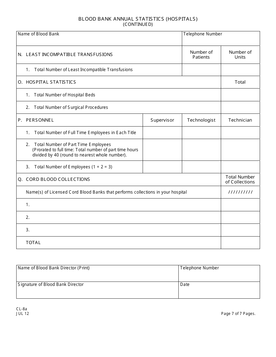 Form CL-8A Blood Bank Annual Statistics (Hospitals) - New Jersey, Page 7