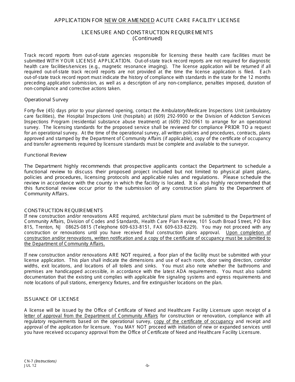 Form CN-7 Application for New or Amended Acute Care Facility License - New Jersey, Page 2