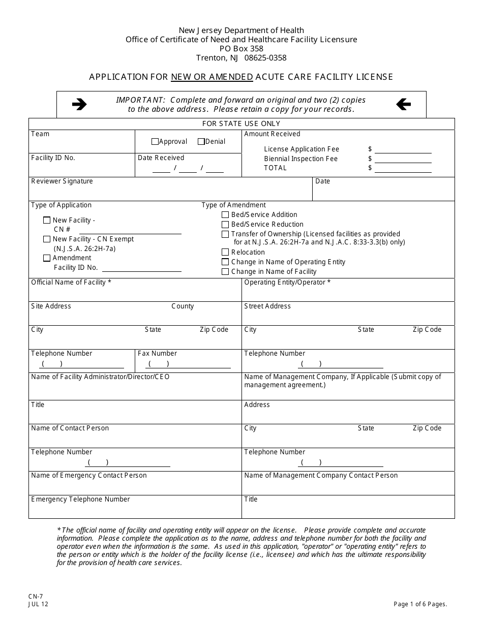Form CN-7 Application for New or Amended Acute Care Facility License - New Jersey, Page 3