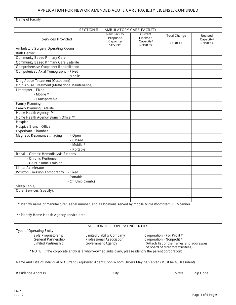 Form CN-7 Application for New or Amended Acute Care Facility License - New Jersey, Page 6