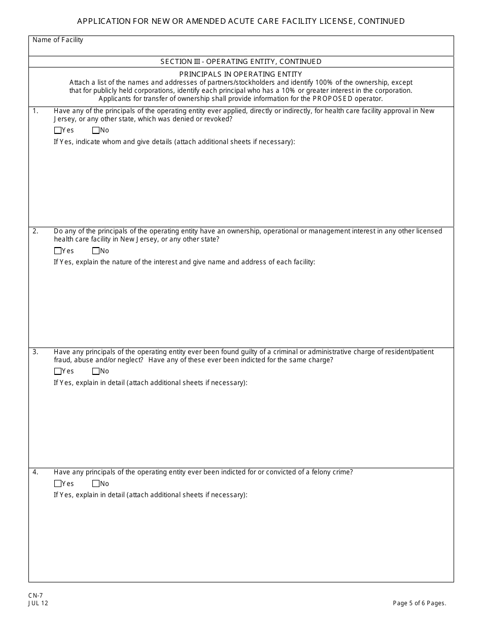 Form CN-7 Application for New or Amended Acute Care Facility License - New Jersey, Page 7