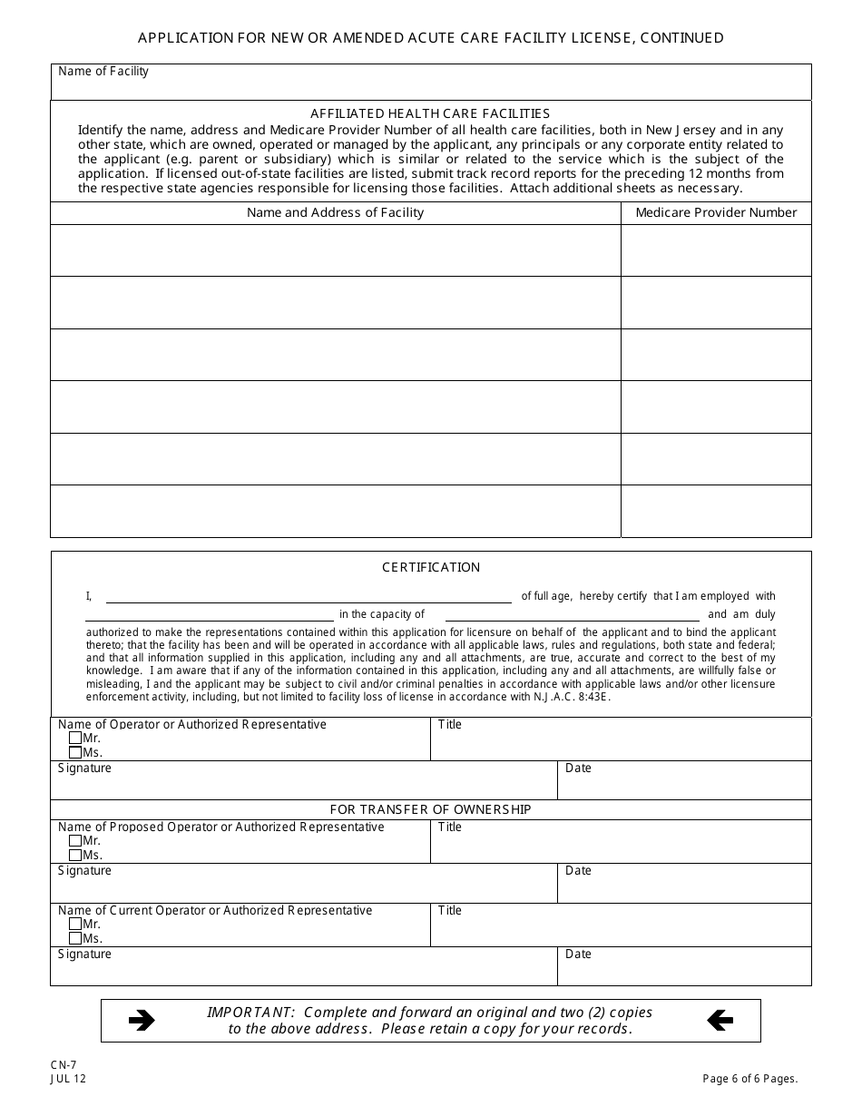 Form CN-7 Application for New or Amended Acute Care Facility License - New Jersey, Page 8
