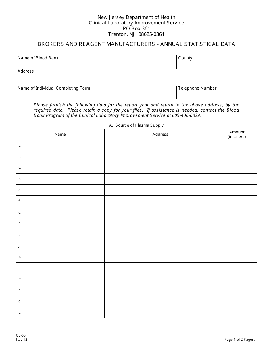 Form CL-50 Brokers and Reagent Manufacturers - Annual Statistical Data - New Jersey, Page 1