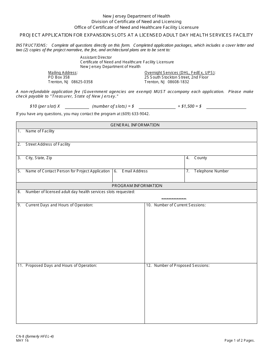 Form CN-8 Project Application for Expansion Slots at a Licensed Adult Day Health Services Facility - New Jersey, Page 1