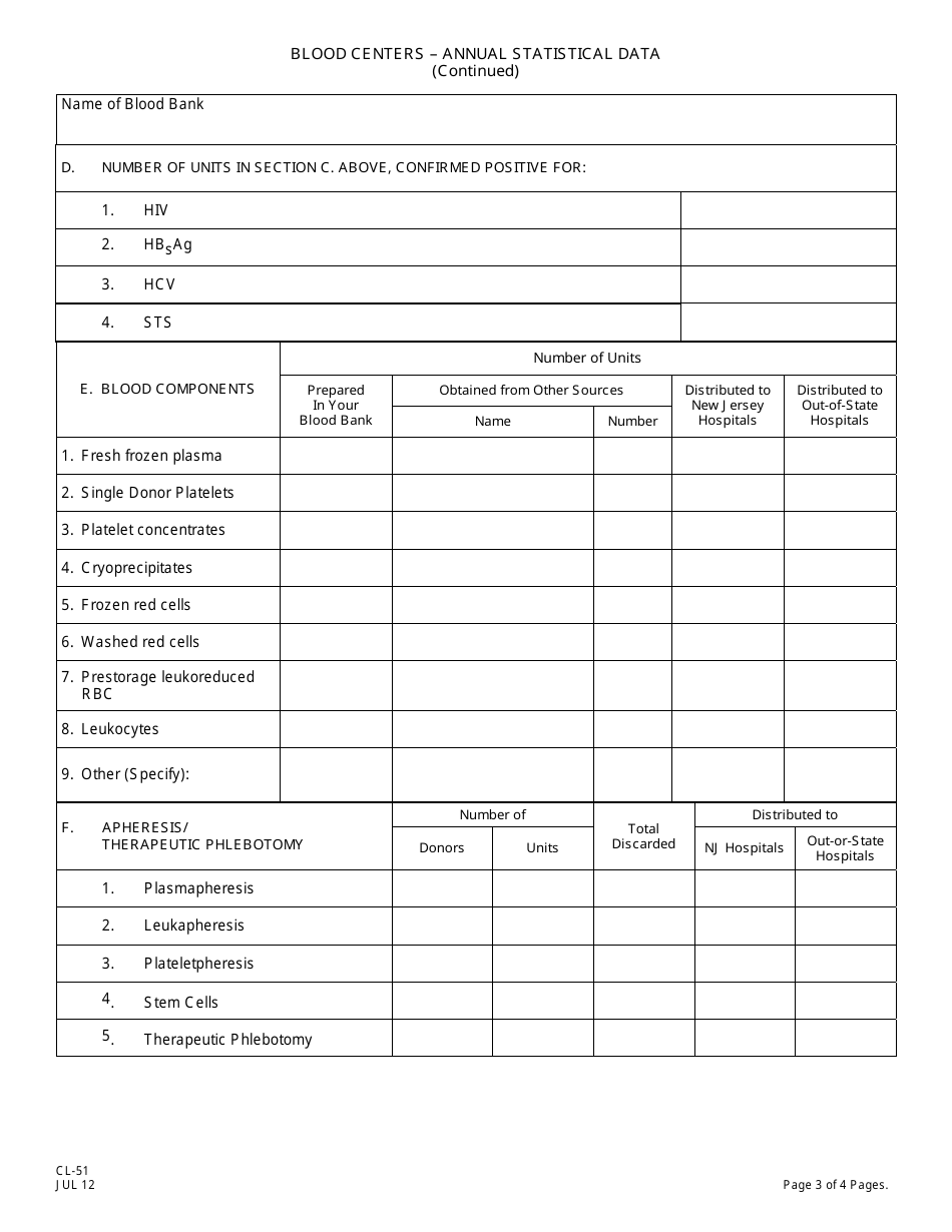 Form CL-51 Blood Centers - Annual Statistical Data - New Jersey, Page 3