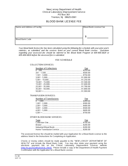 Form CL-58 Blood Bank License Fee - New Jersey