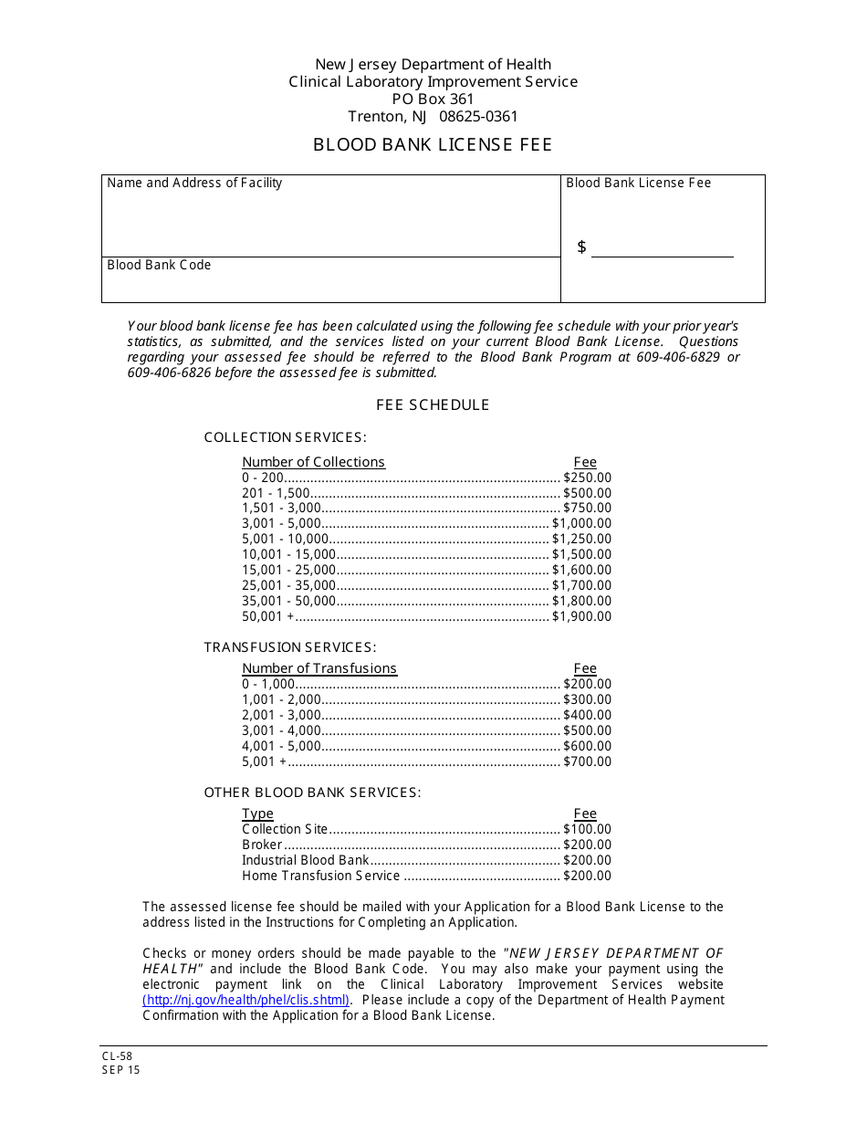 Form CL-58 Blood Bank License Fee - New Jersey, Page 1