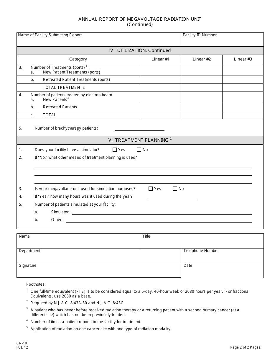 Form CN-10 Annual Report of Megavoltage Radiation Unit - New Jersey, Page 2