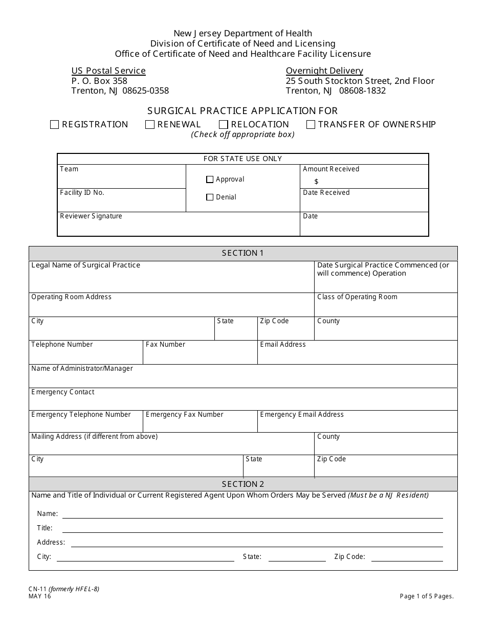 Form CN-11 Surgical Practice Application for Registration, Renewal, Relocation, Transfer of Ownership - New Jersey, Page 1
