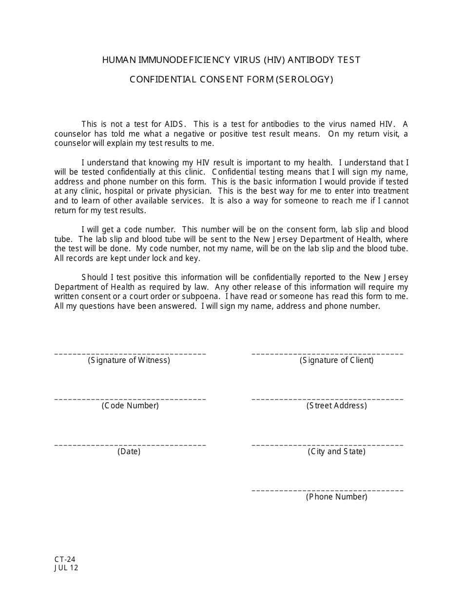 Form CT-24 Human Immunodeficiency Virus (HIV) Antibody Test Confidential Consent Form (Serology) - New Jersey, Page 1