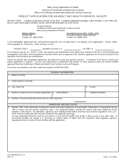 Form CN-6 Project Application for an Adult Day Health Services Facility - New Jersey