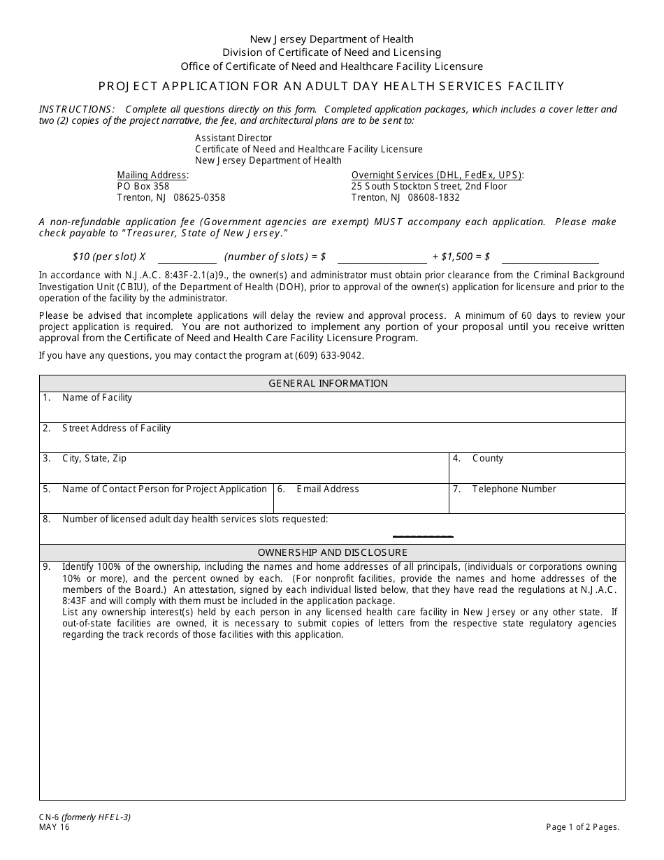 Form CN-6 Project Application for an Adult Day Health Services Facility - New Jersey, Page 1