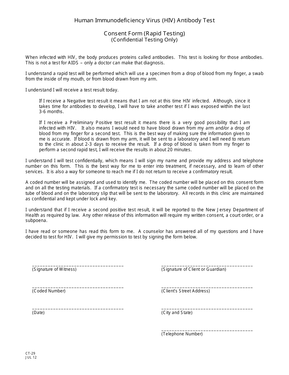 Form CT-29 HIV Consent (Rapid Testing) - Confidential Testing Only - New Jersey, Page 1