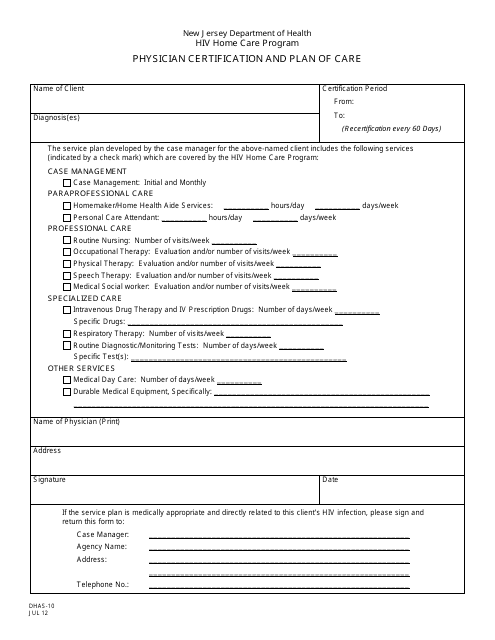Form DHAS-10 Physician Certification and Plan of Care - New Jersey