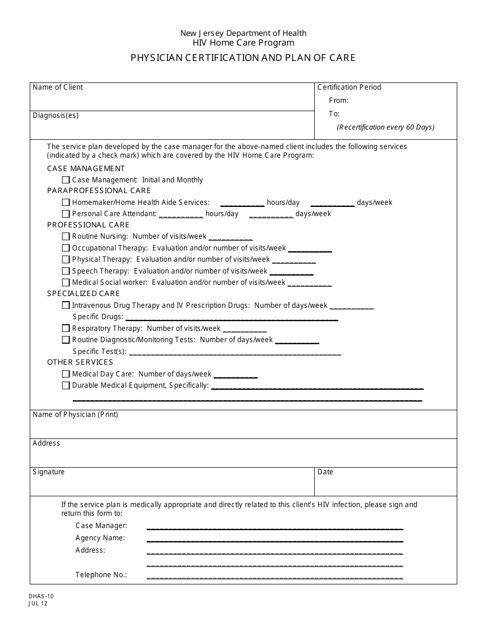 Form DHAS-10 Physician Certification and Plan of Care - New Jersey, Page 1