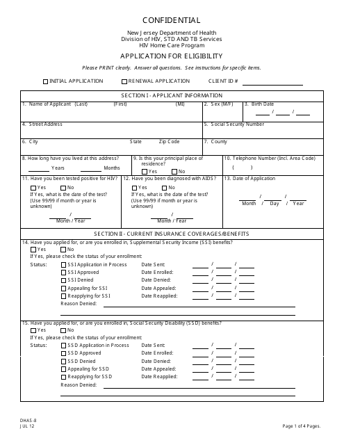 Form DHAS-8 Application for Eligibility for the HIV Home Care Program - New Jersey