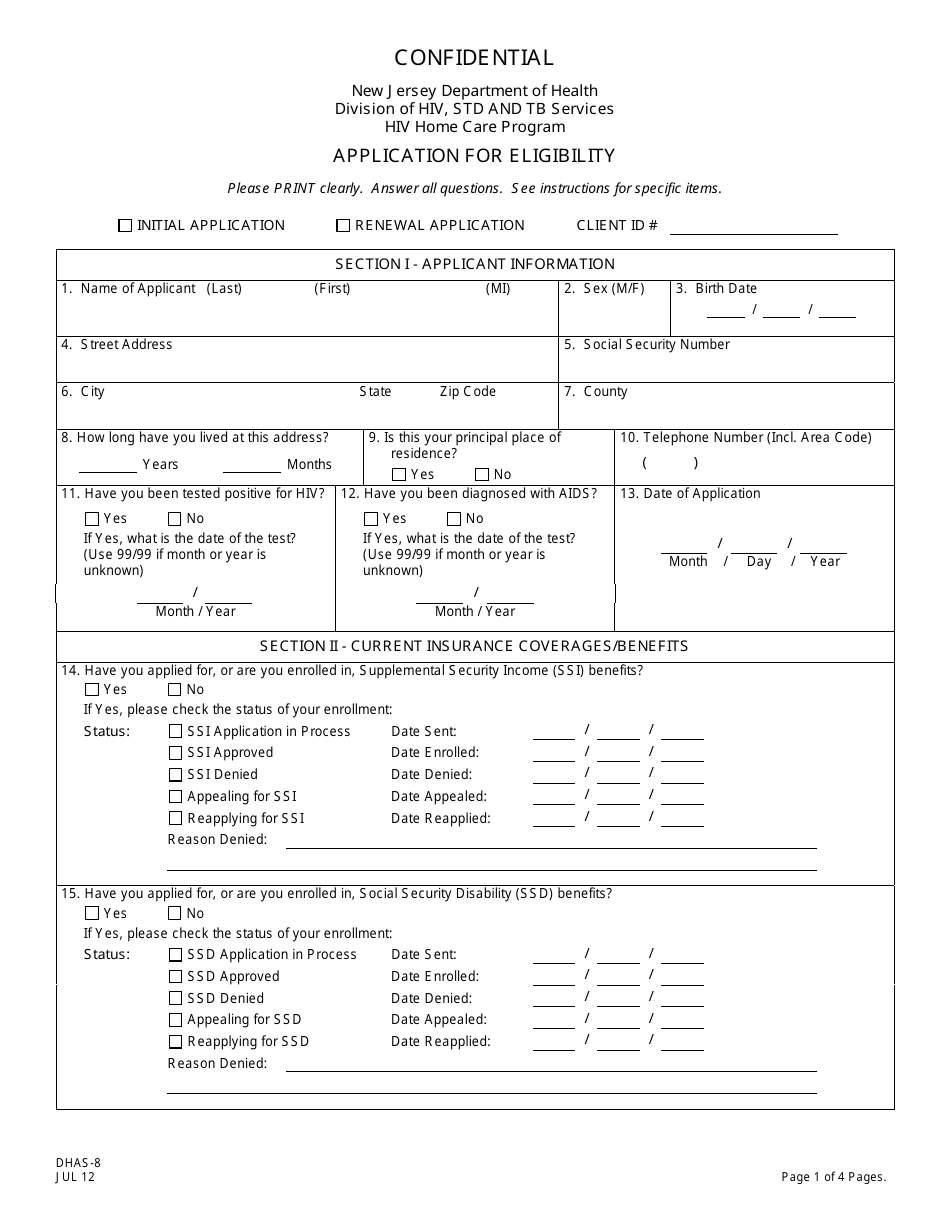Form DHAS-8 Application for Eligibility for the HIV Home Care Program - New Jersey, Page 1