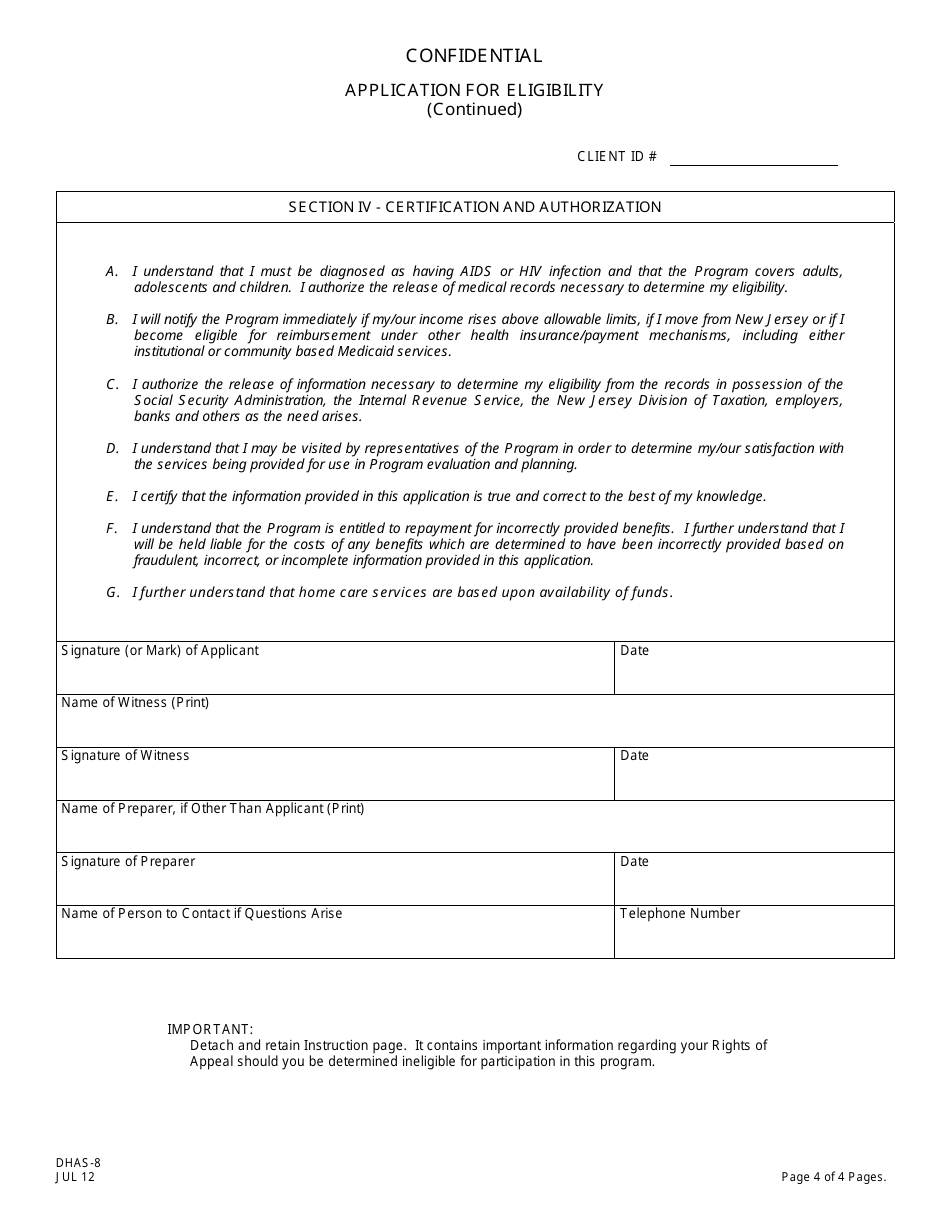 Form DHAS-8 Application for Eligibility for the HIV Home Care Program - New Jersey, Page 4