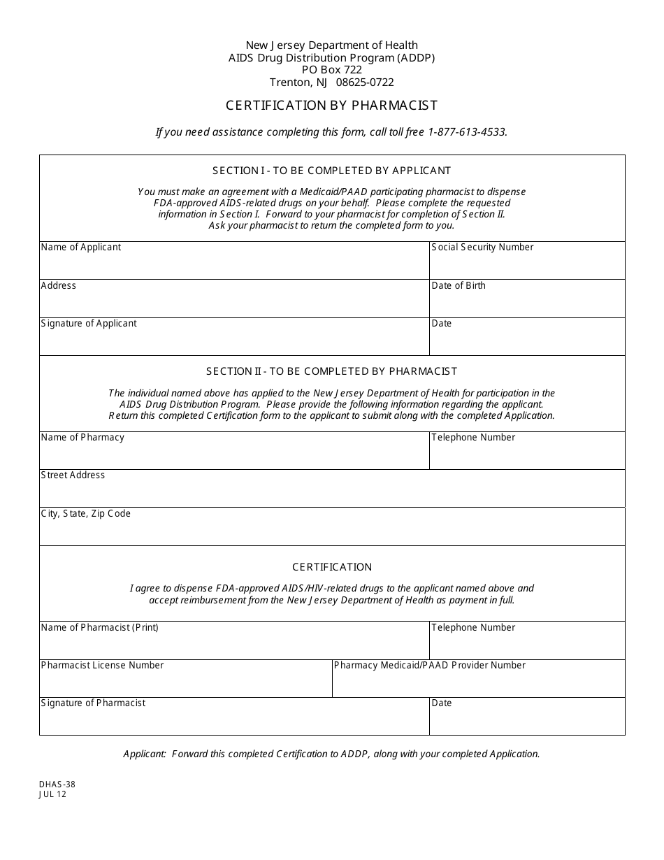 Form DHAS-38 Certification by Pharmacist - New Jersey, Page 1