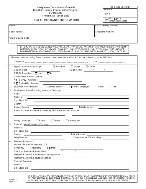 Form DHAS-39 Health Insurance Information - New Jersey