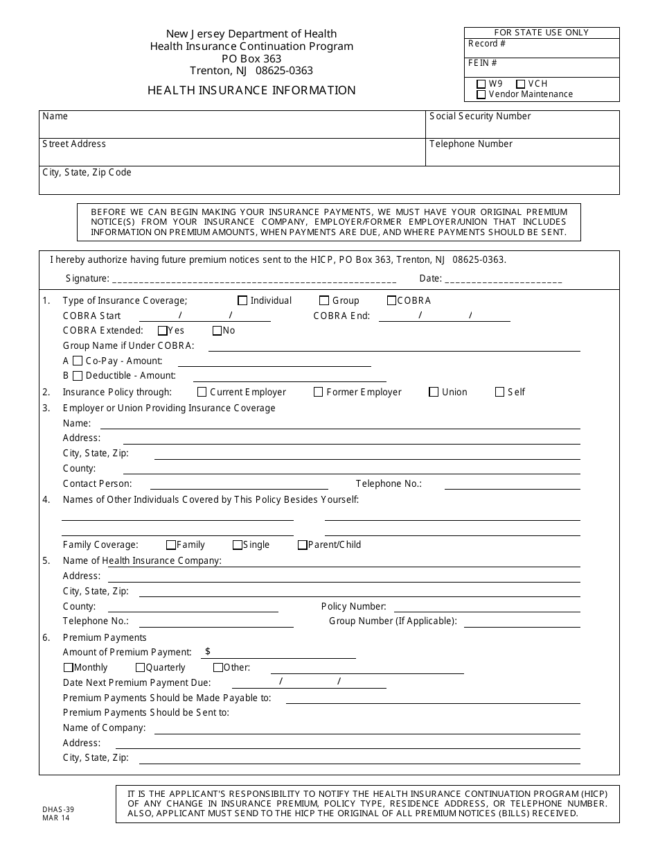 Form DHAS-39 Health Insurance Information - New Jersey, Page 1