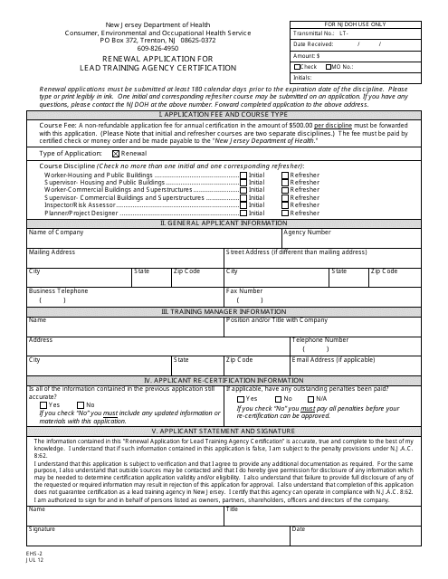 Form EHS-2 Renewal Application for Lead Training Agency Certification - New Jersey