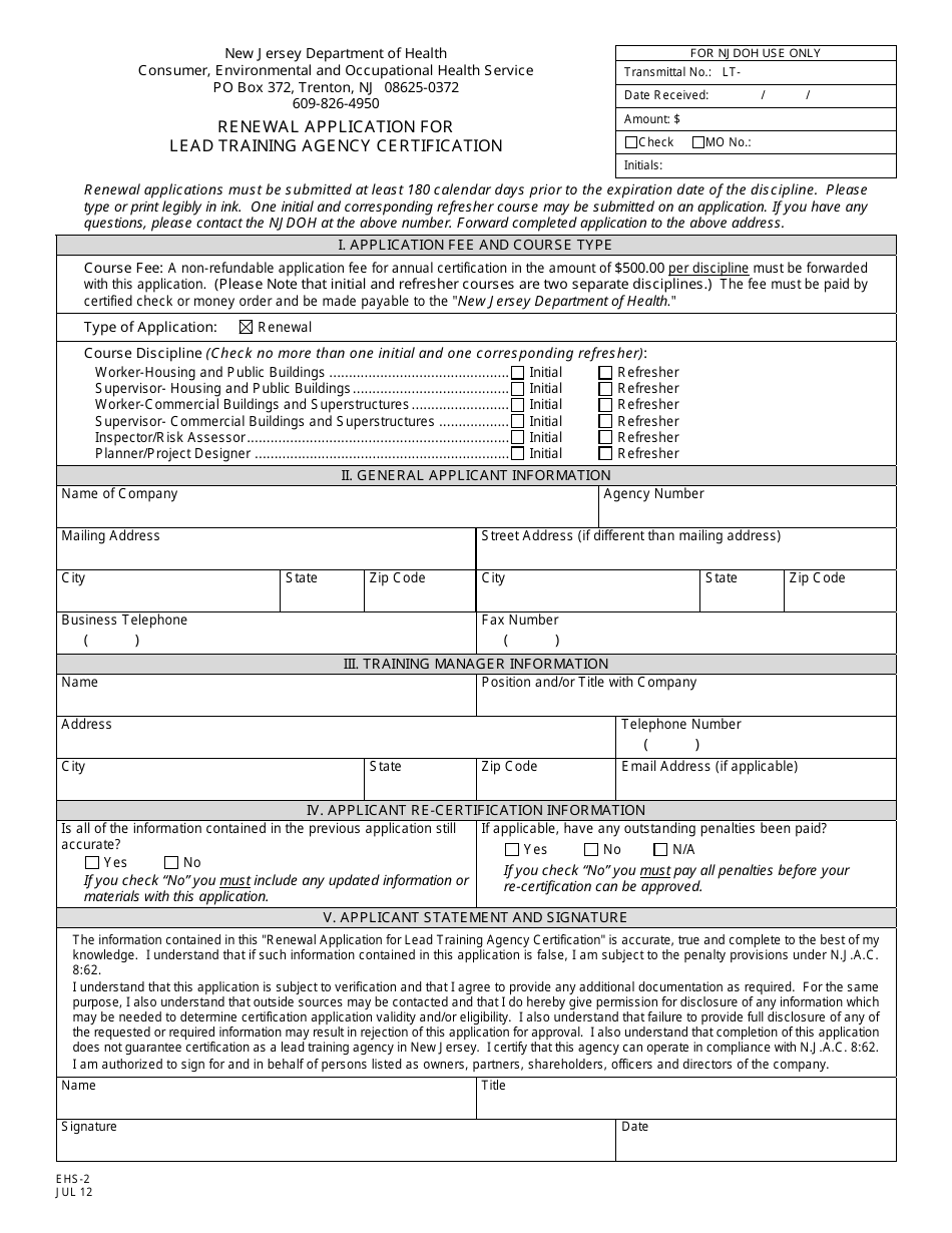 Form EHS-2 Renewal Application for Lead Training Agency Certification - New Jersey, Page 1