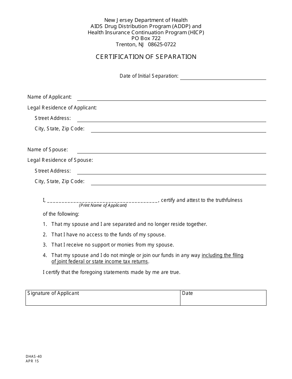 Form DHAS-40 Certification of Separation - New Jersey, Page 1