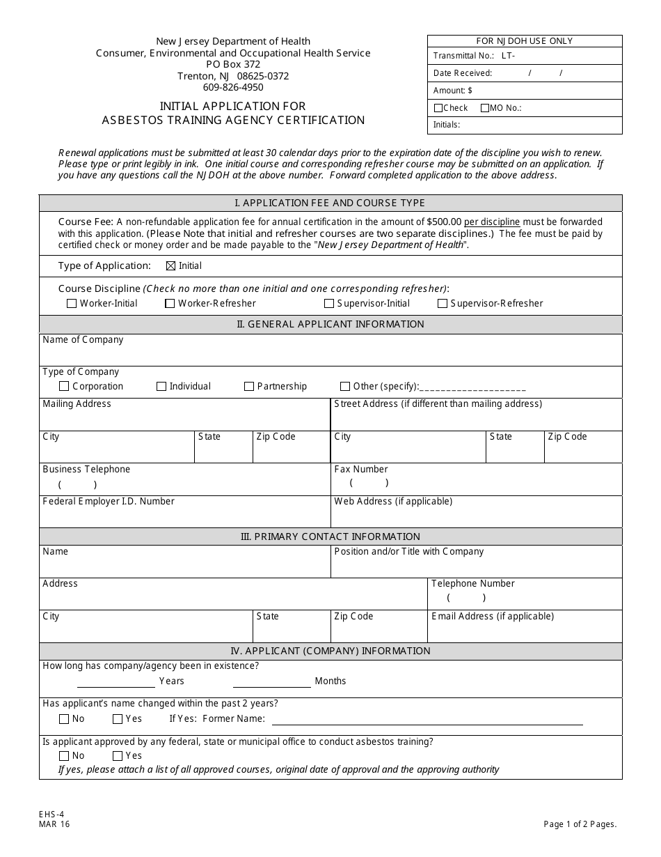 Form EHS-4 Initial Application for Asbestos Training Agency Certification - New Jersey, Page 1