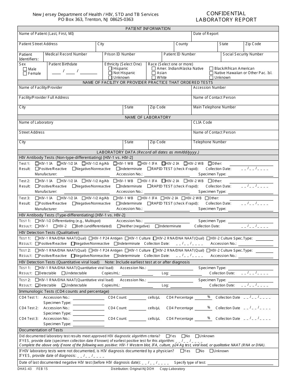 Form DHAS-43 Confidential Laboratory Report - New Jersey, Page 1