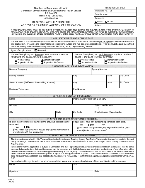 Form EHS-5 Renewal Application for Asbestos Training Agency Certification - New Jersey