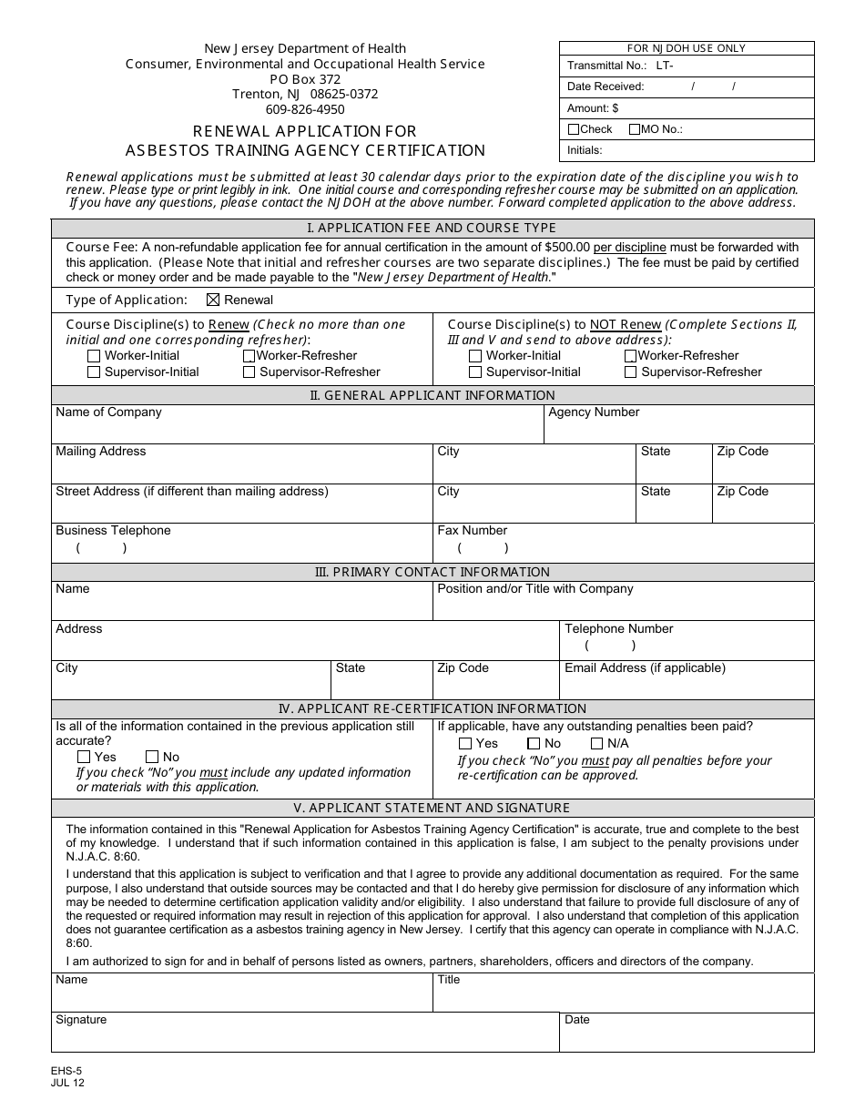 Form EHS-5 Renewal Application for Asbestos Training Agency Certification - New Jersey, Page 1