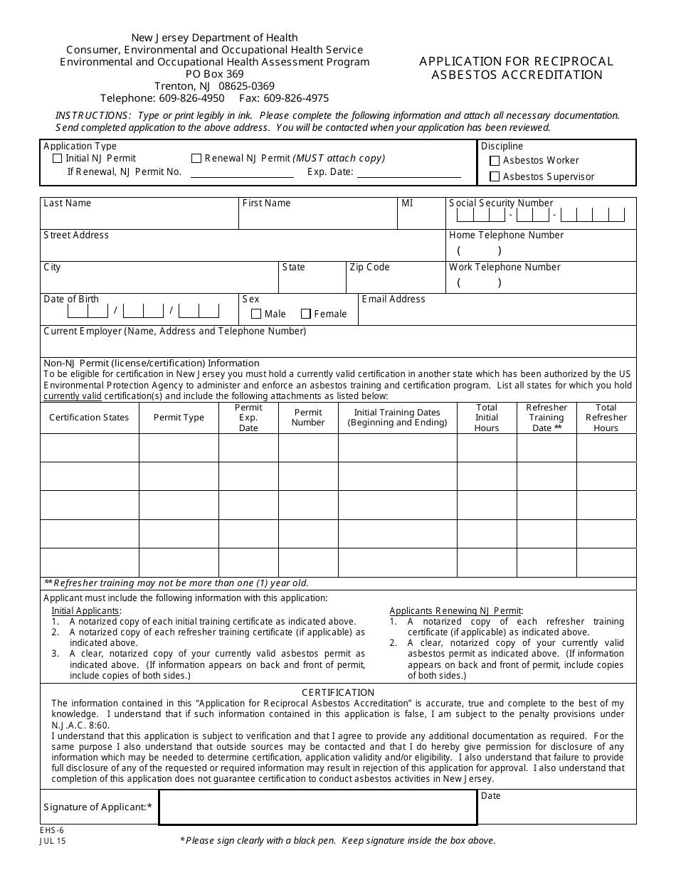 Form EHS-6 Application for Reciprocal Asbestos Accreditation - New Jersey, Page 2