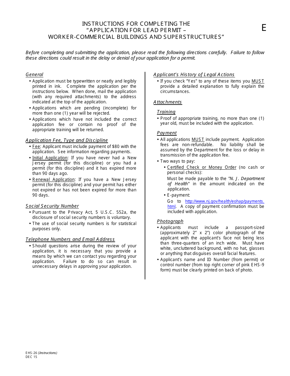 Form EHS-26 Application for Lead Permit Worker, Commercial Buildings and Superstructures - New Jersey, Page 1