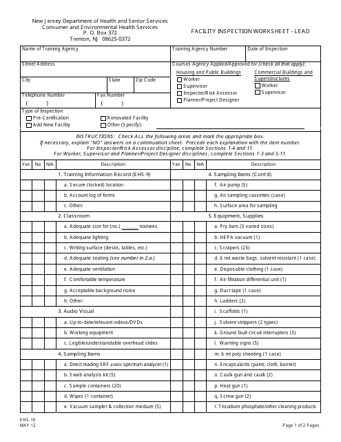 Form EHS-10 Facility Inspection Worksheet - Lead - New Jersey
