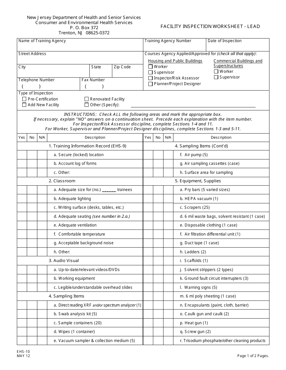 Form EHS-10 Facility Inspection Worksheet - Lead - New Jersey, Page 1