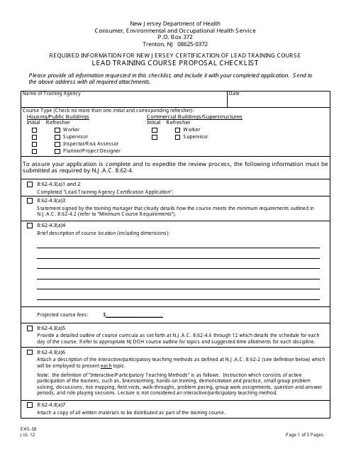 Form EHS-38 Lead Training Course Proposal Checklist - New Jersey