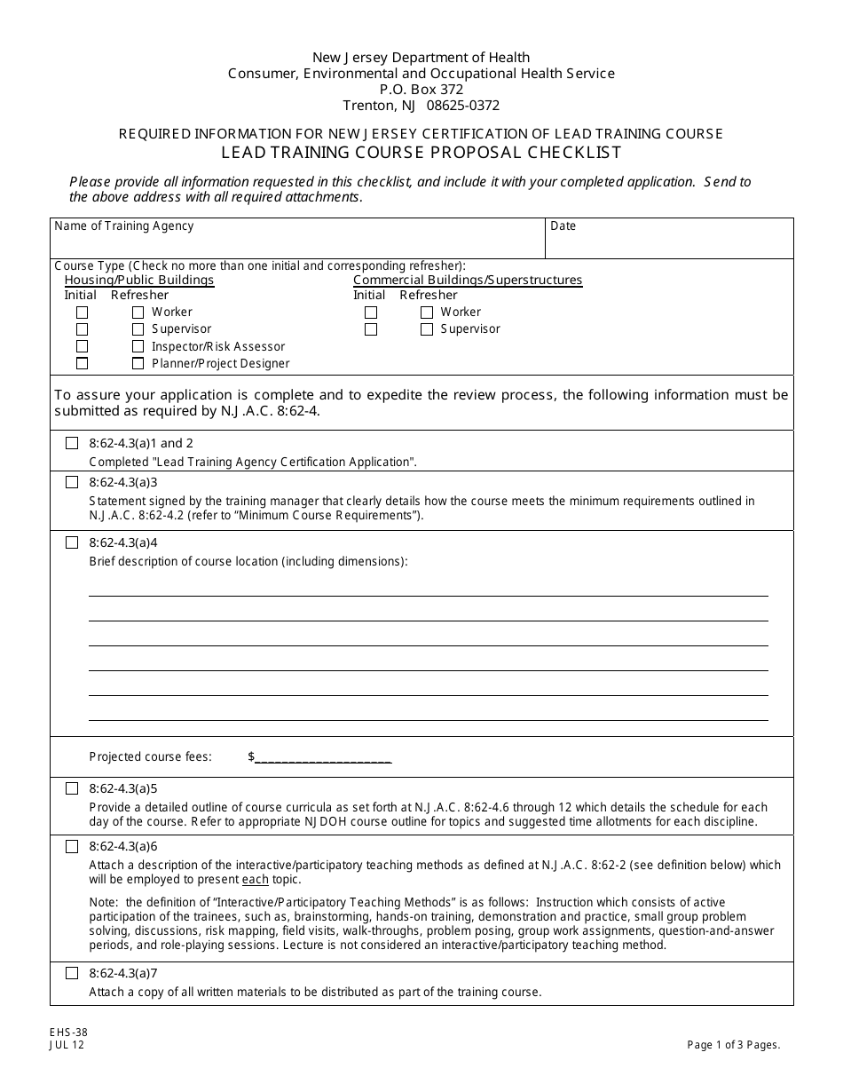 Form EHS-38 Lead Training Course Proposal Checklist - New Jersey, Page 1