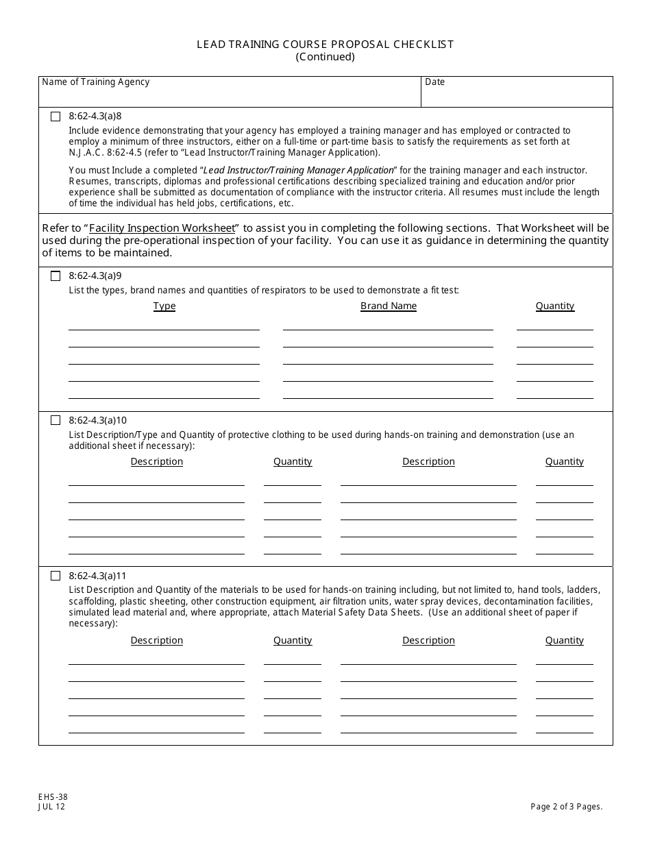 Form EHS-38 Lead Training Course Proposal Checklist - New Jersey, Page 2