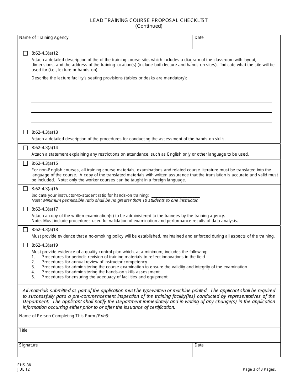 Form EHS-38 Lead Training Course Proposal Checklist - New Jersey, Page 3