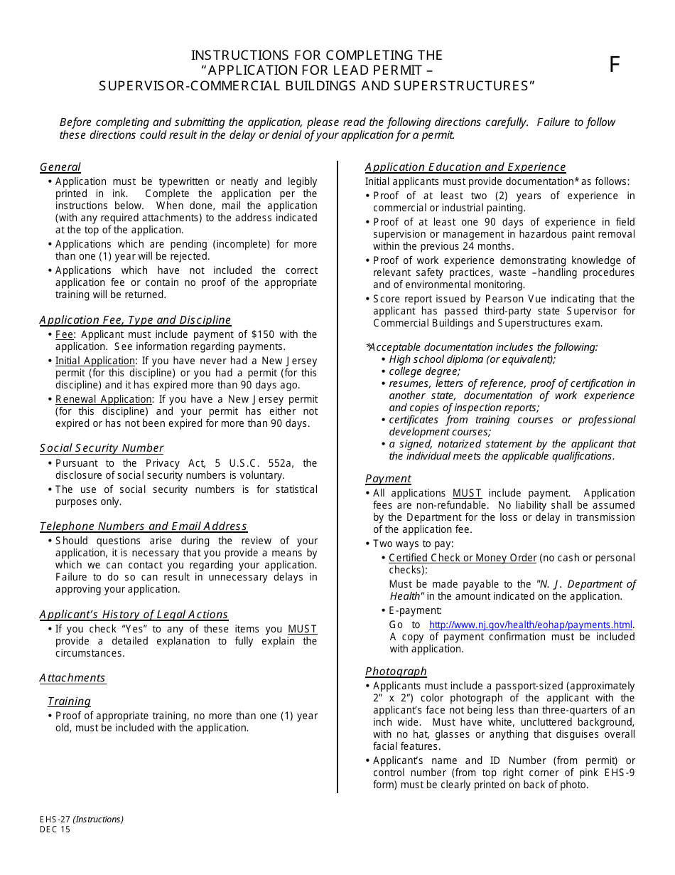Form EHS-27 Application for Lead Permit Supervisor, Commercial Buildings and Superstructures - New Jersey, Page 1