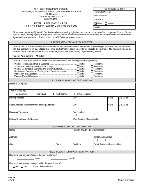 Form EHS-28 Initial Application for Lead Training Agency Certification - New Jersey