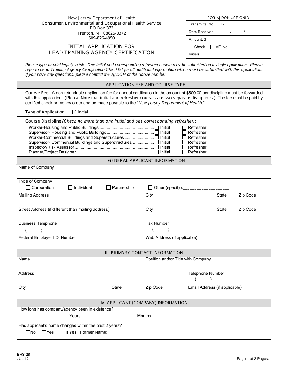 Form EHS-28 Initial Application for Lead Training Agency Certification - New Jersey, Page 1