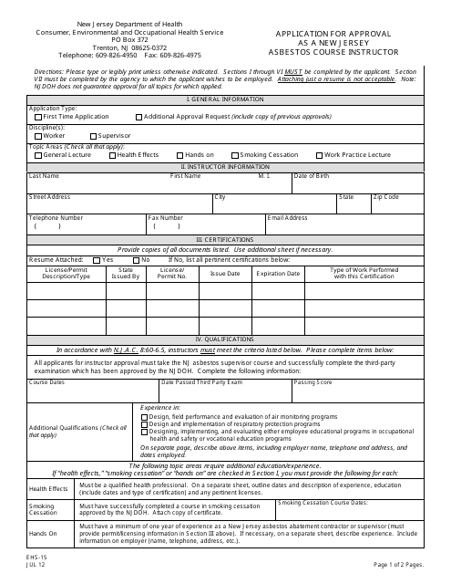 Form EHS-15 Application for Approval as a New Jersey Asbestos Course Instructor - New Jersey