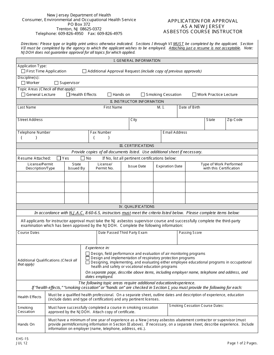 Form EHS-15 Application for Approval as a New Jersey Asbestos Course Instructor - New Jersey, Page 1
