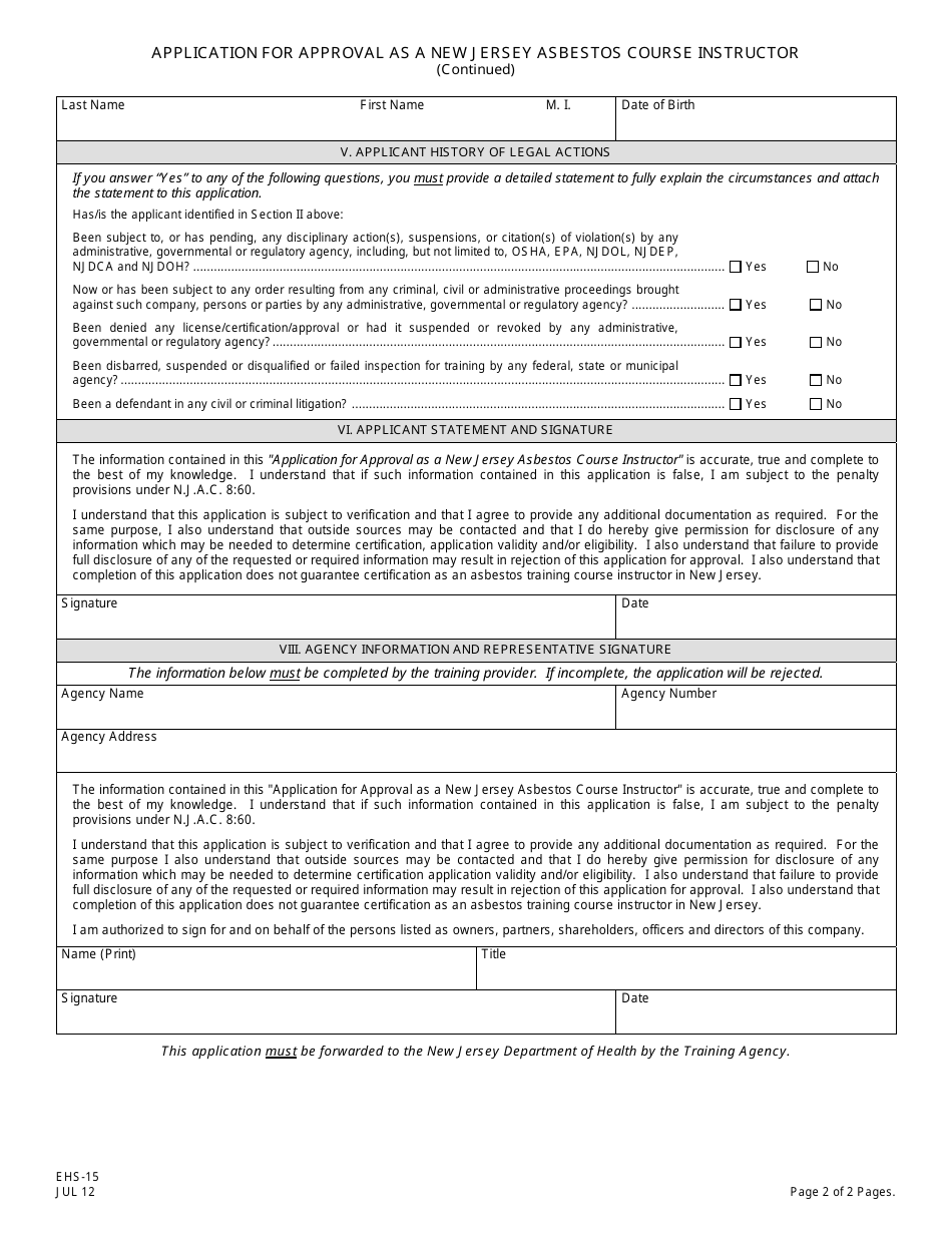 Form EHS-15 Application for Approval as a New Jersey Asbestos Course Instructor - New Jersey, Page 2